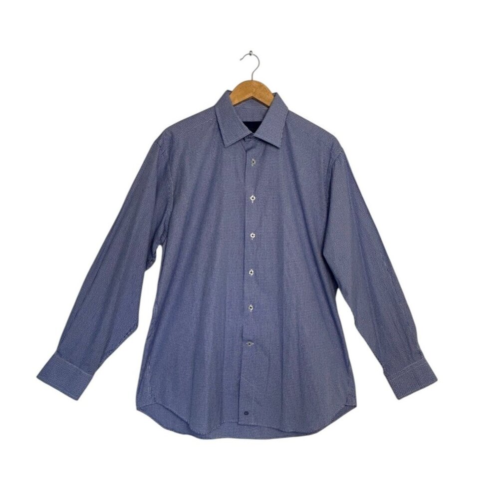 David Donahue Men's Gingham Print Button Dress Shirt in Blue/Wt -Sz 16.5 34/35
